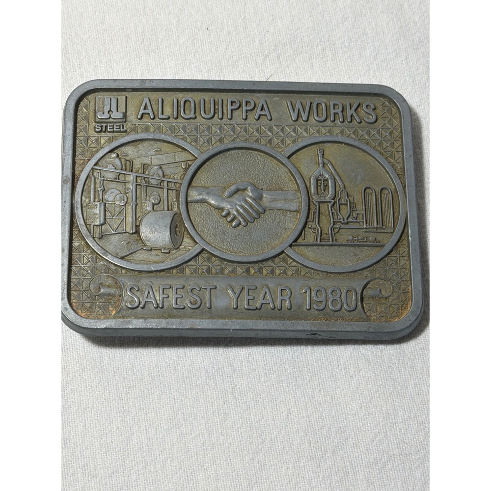 Vintage 1980 J&L Steel Aliquippa Works Safest Year Belt Buckle Industrial Metal